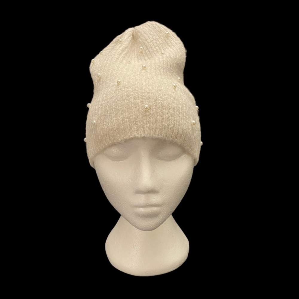 Collection eighteen cream knit fabric with pearl embellished winter hat toque